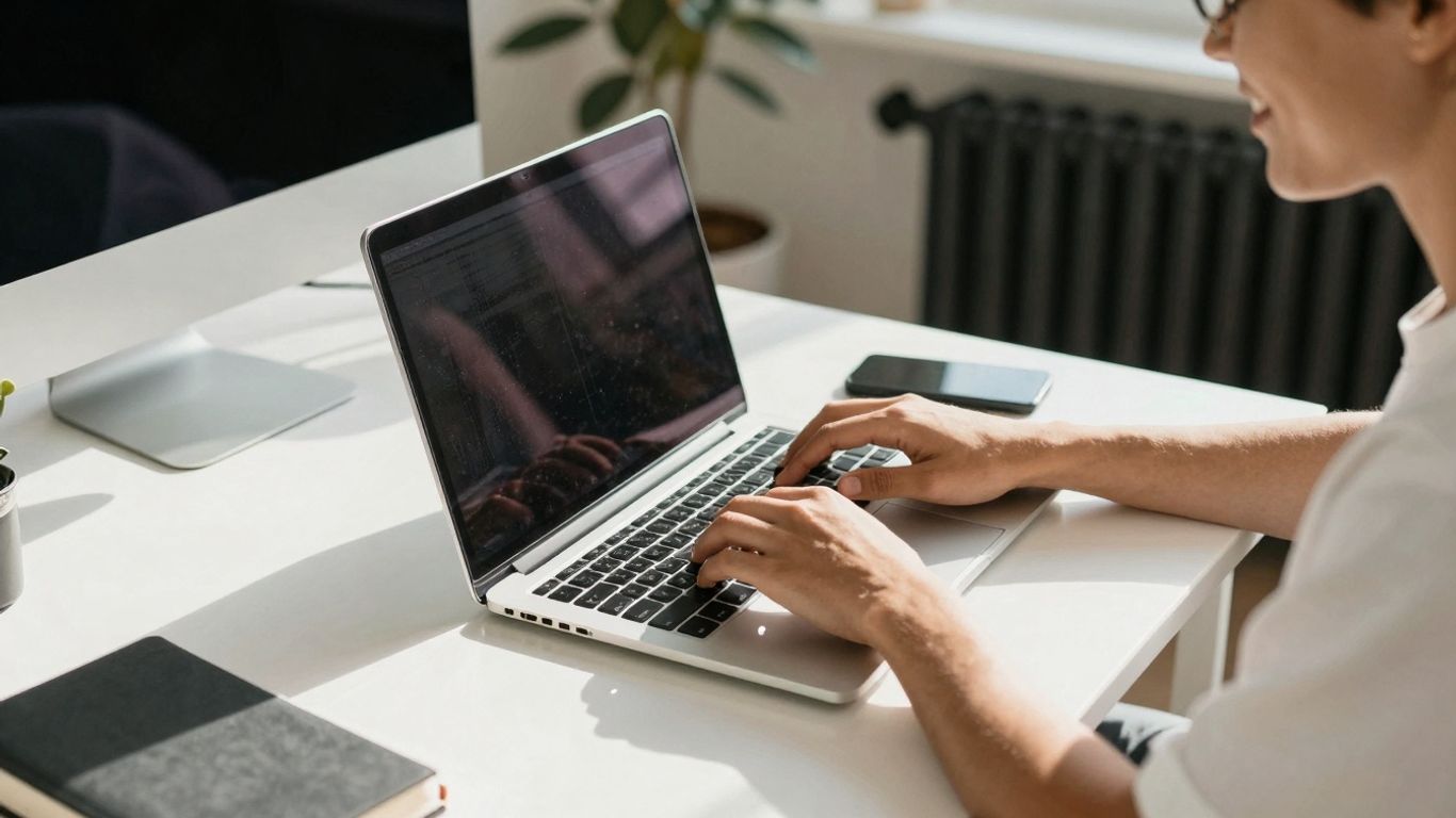 Person working on laptop at home in Australia.