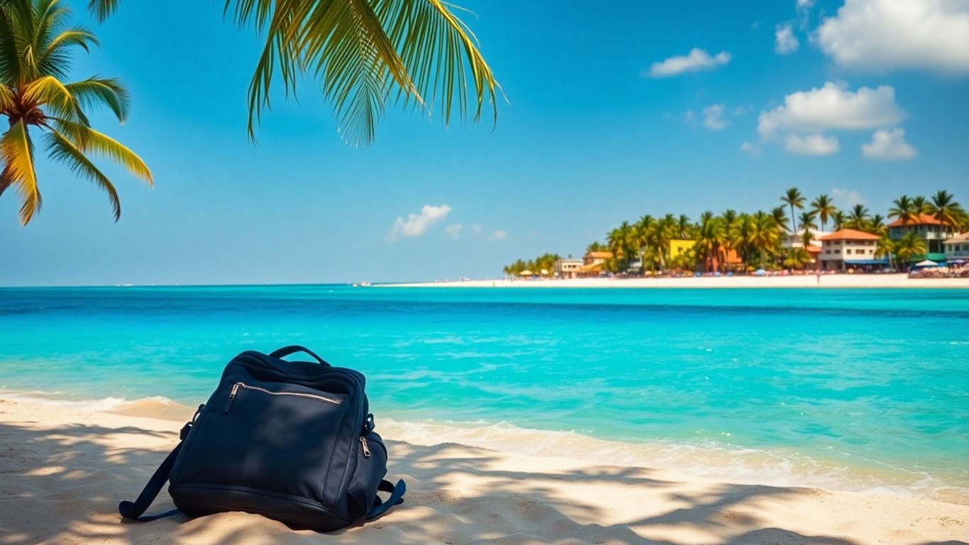 Budget travel destination with beach and backpack.