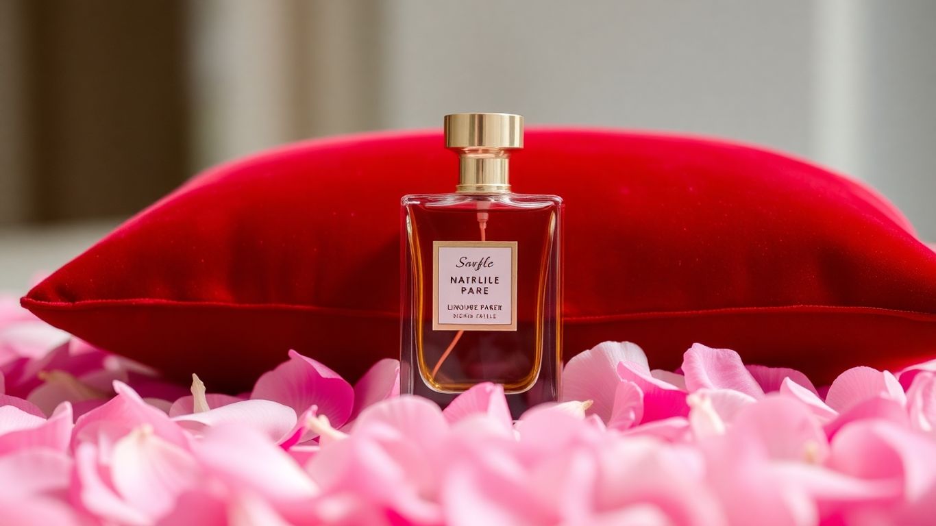 Luxurious perfume bottle with flower petals on velvet.