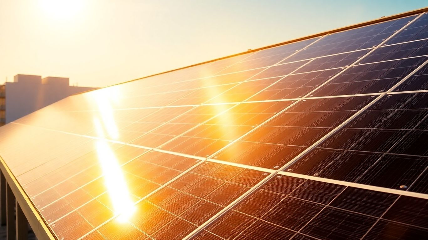 Photovoltaic solar panels under a bright sun.