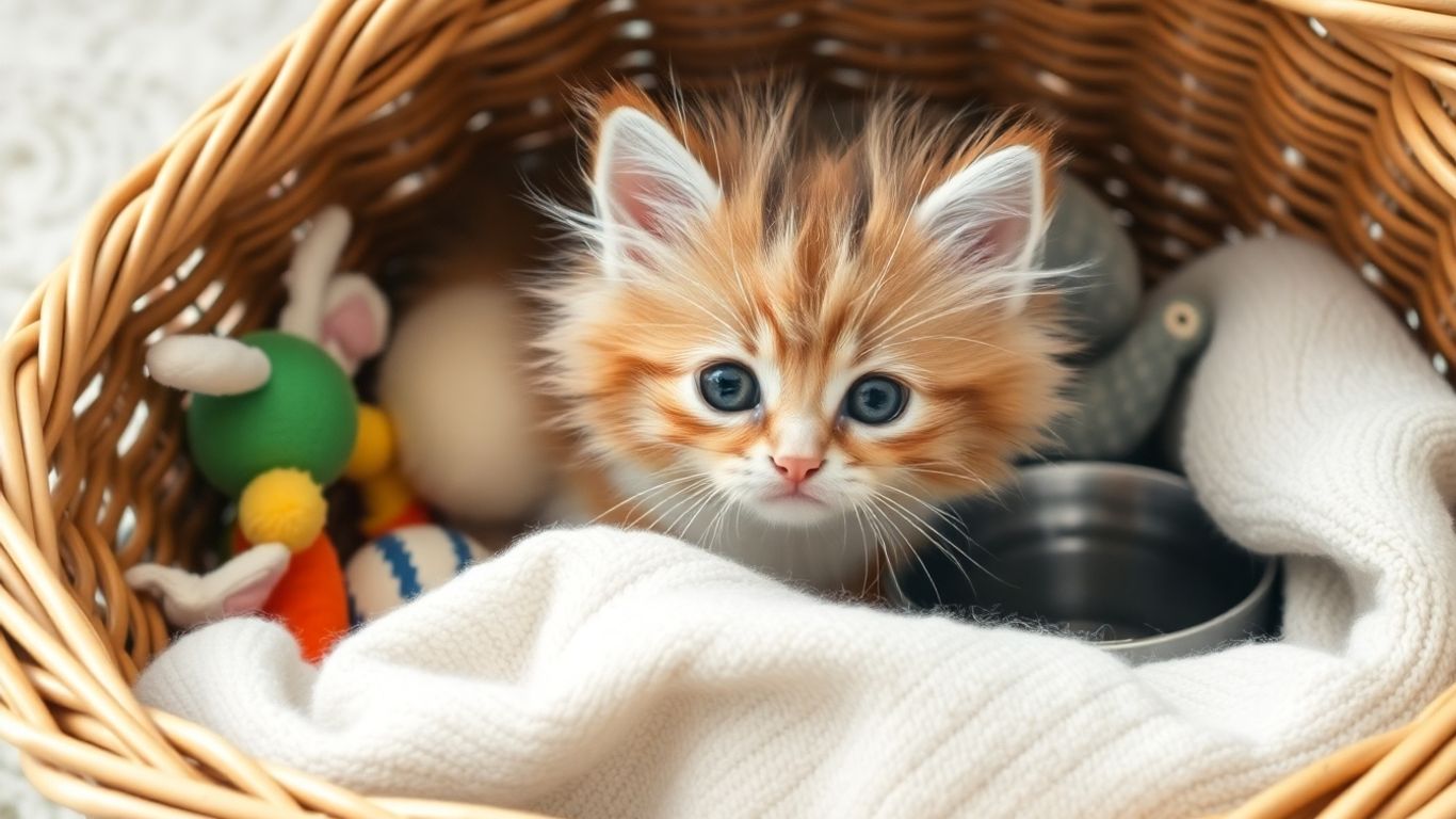Kitten in a basket with cat supplies.