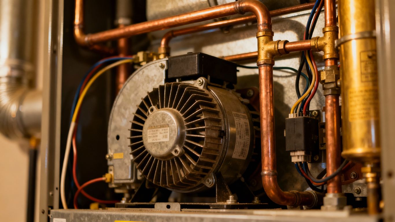 Close-up of a home furnace's internal mechanical parts.