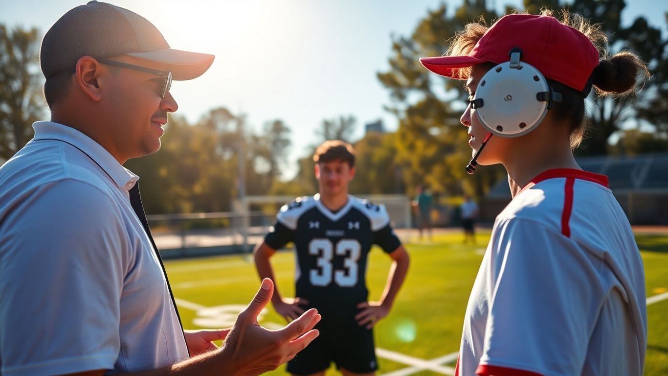 Trainer gibt Feedback an Sportler auf dem Feld.