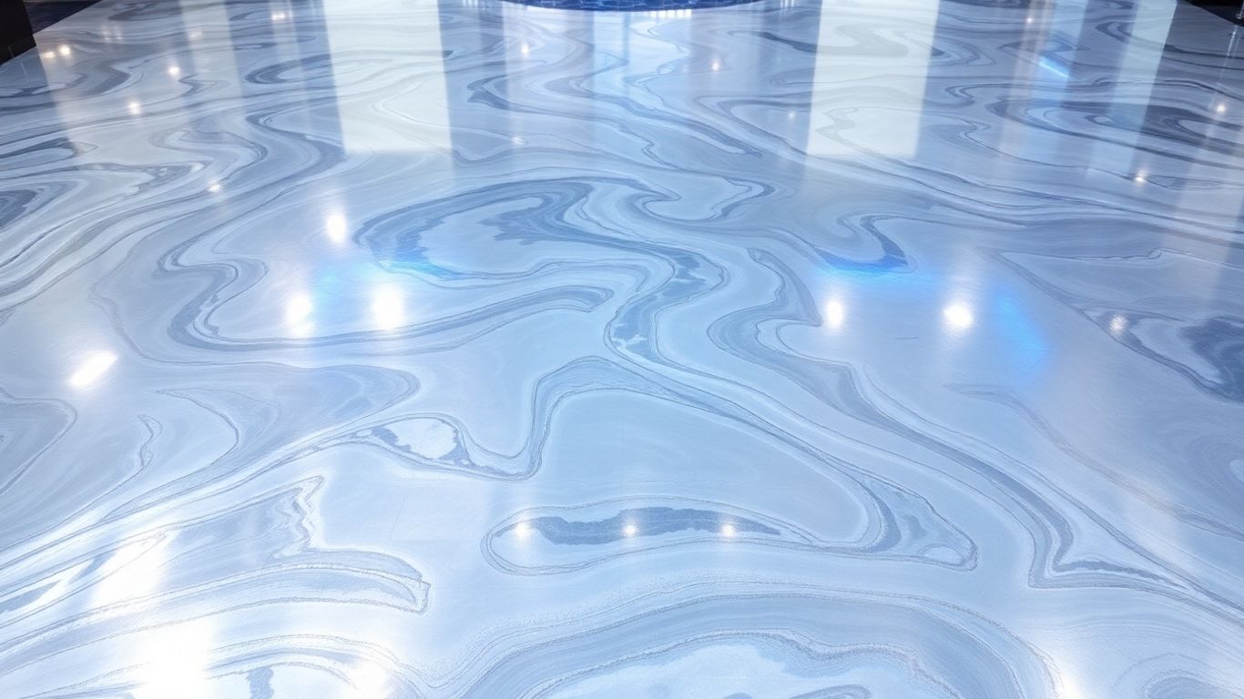 Metallic epoxy floor with iridescent silver and blue swirls.