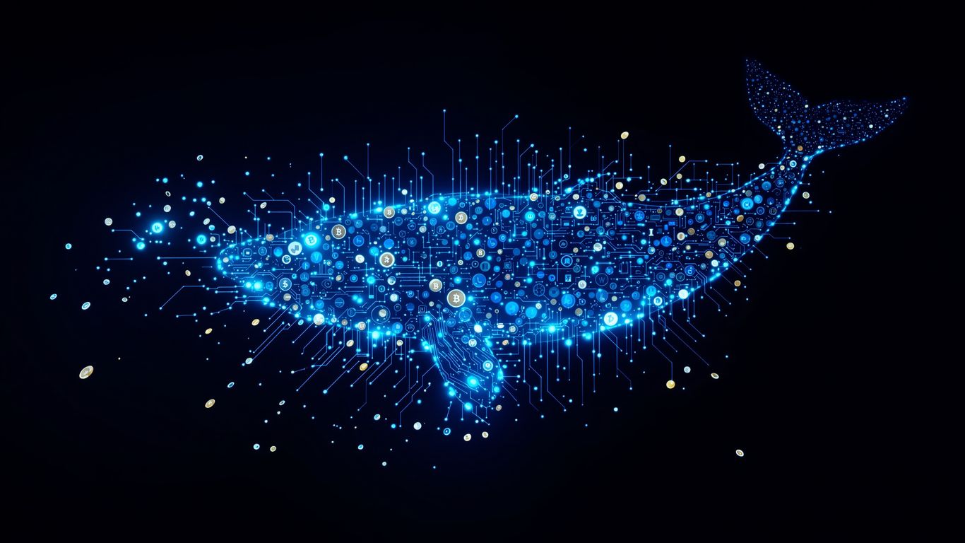 Digital whale with flowing cryptocurrency coins
