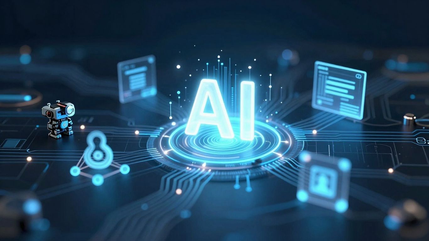 AI test automation infographic with futuristic circuits and nodes.