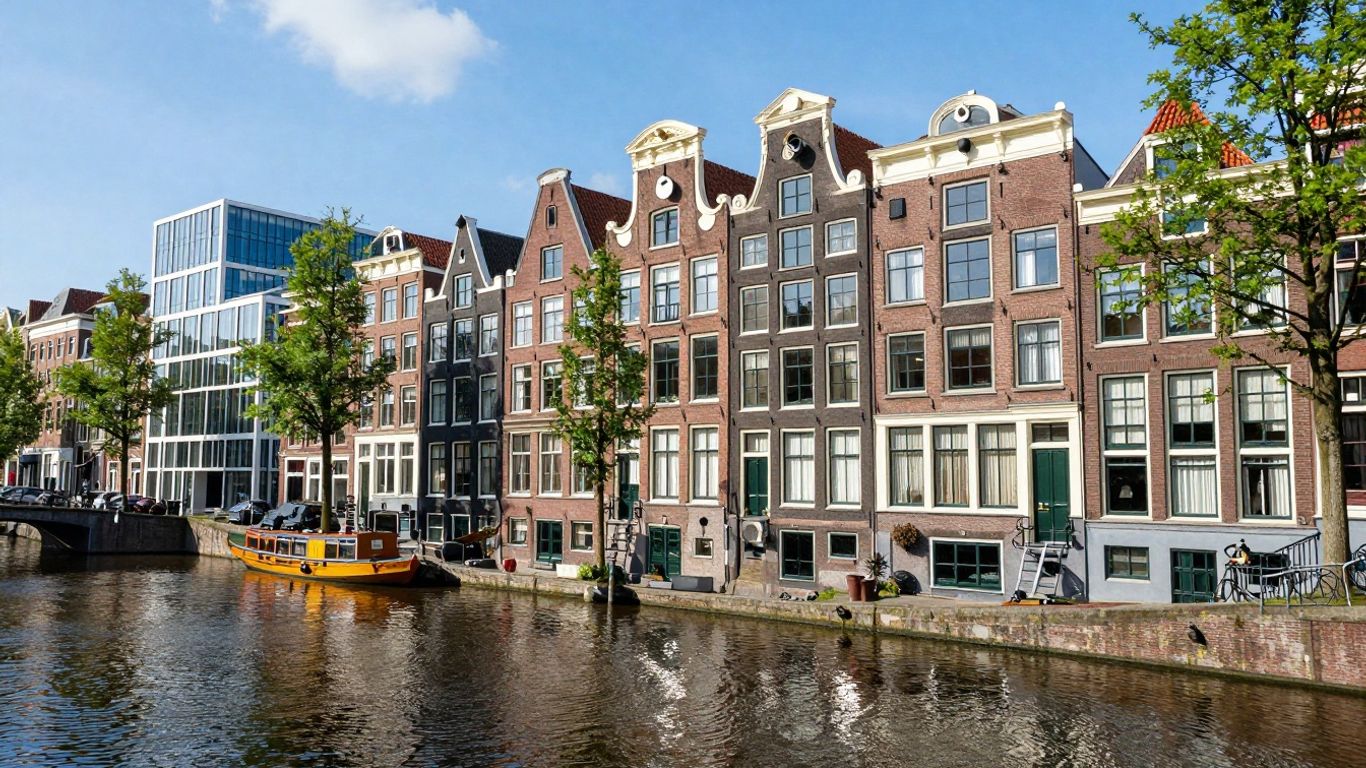 Amsterdam canals and modern agency building for marketing.