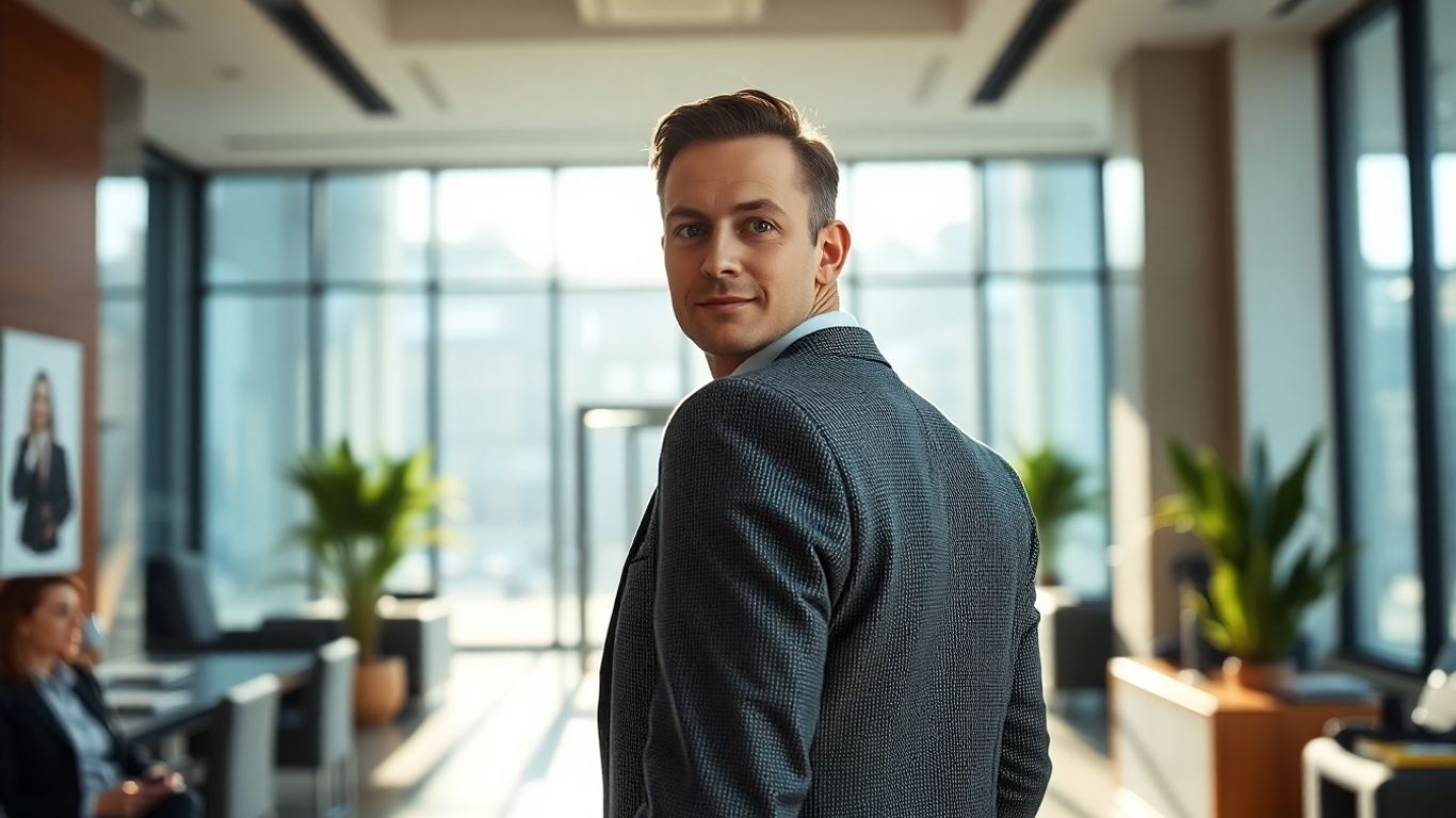 Hedge fund manager in a modern office.