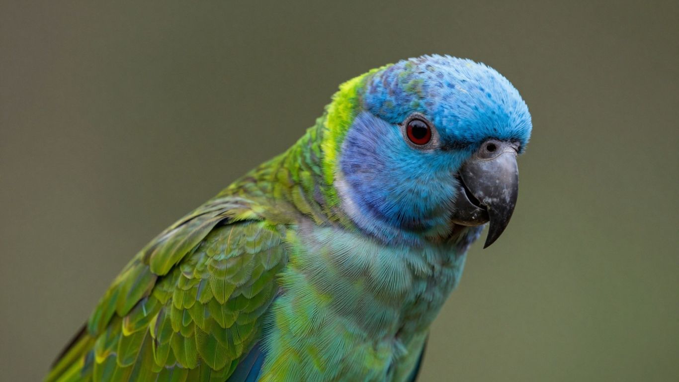 Blue Headed Pionus parrot with blue head and green body.
