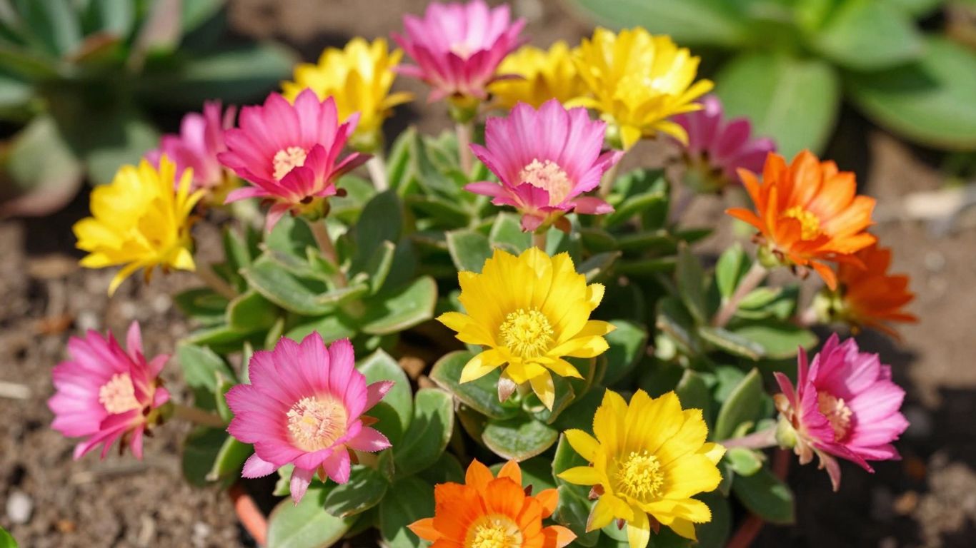 Bloeiende vetplanten in volle zon, levendige kleuren.