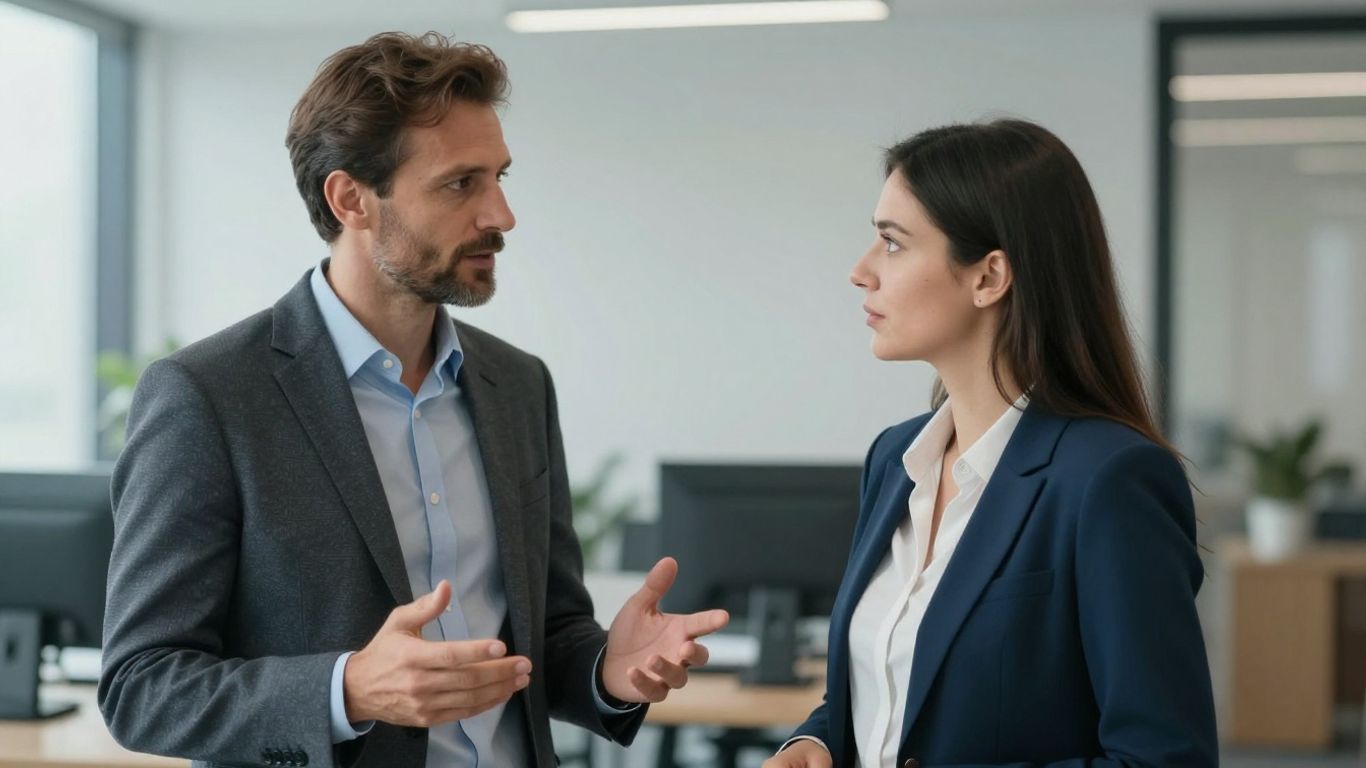 Geschäftsleute im Büro, die über Verträge sprechen.