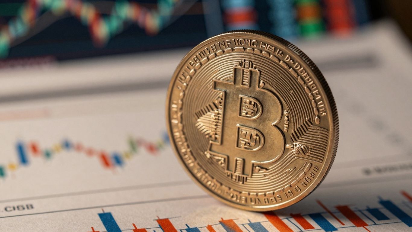 Digital currency coin with blurred financial background.