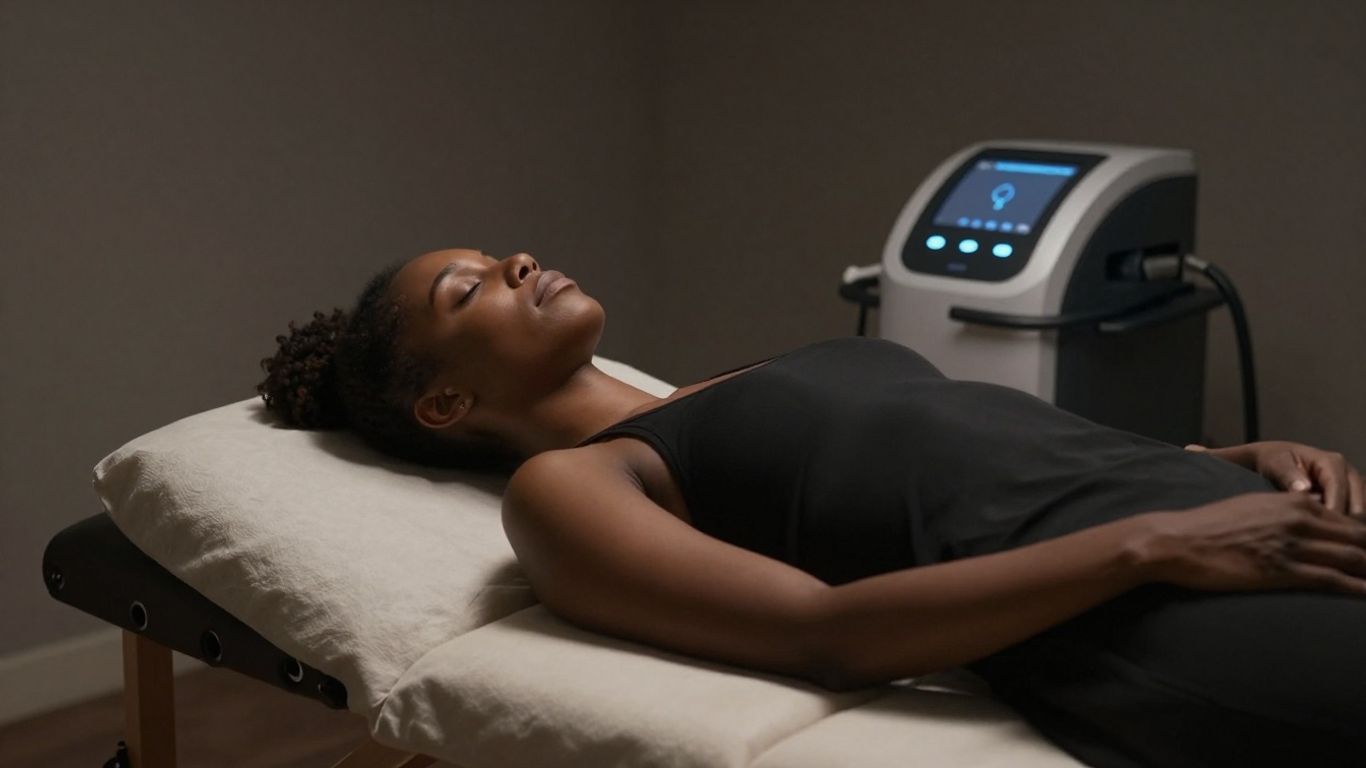 Person relaxing near a PEMF machine for wellness.