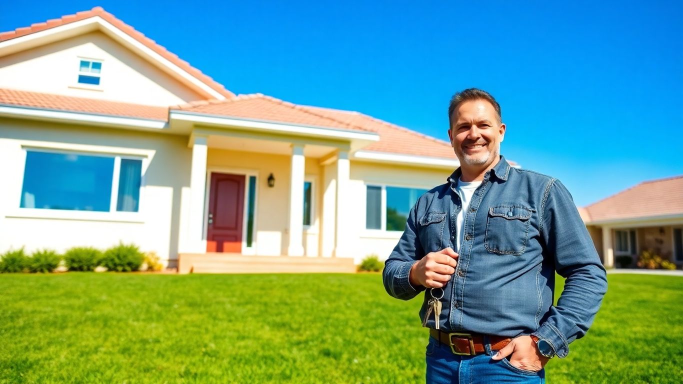 Casa segura con propietario feliz y llaves en mano