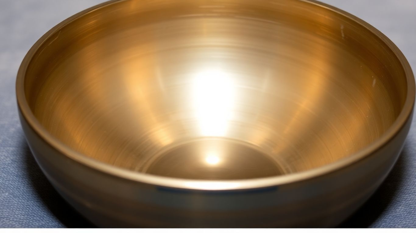 Bol tibétain en gros plan, surface métallique réfléchissante.