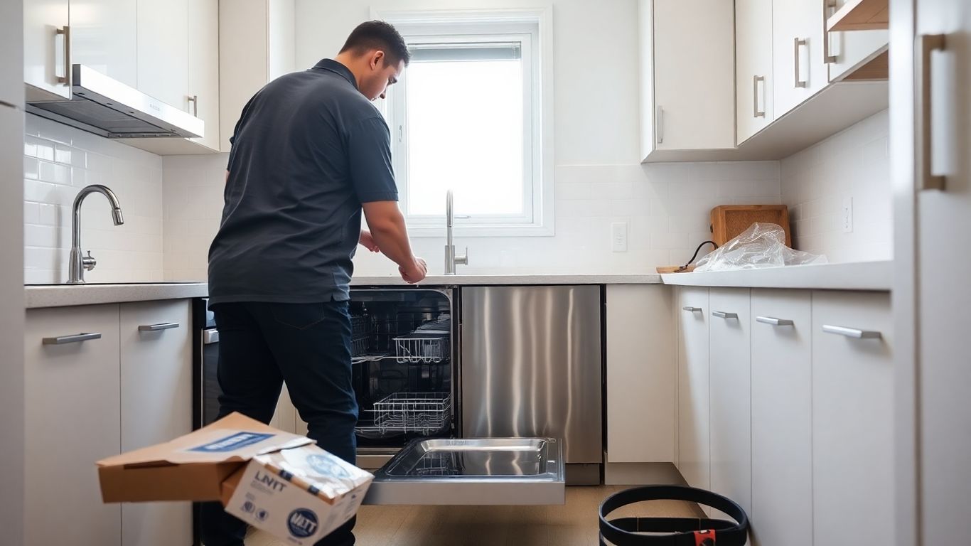 Technician installing new dishwasher in modern kitchen