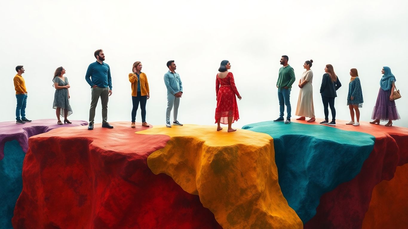 Diverse people exploring colorful abstract continents together.