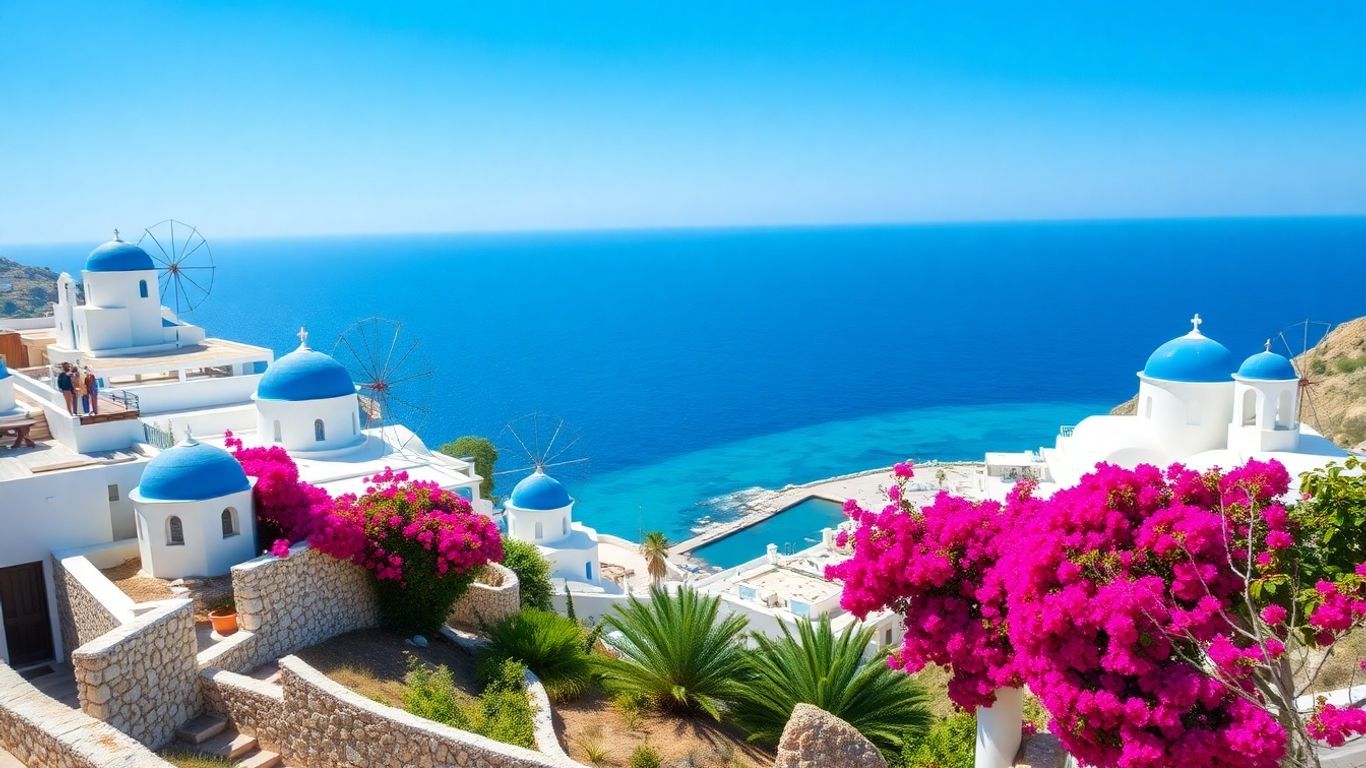 Whitewashed village overlooking the Aegean Sea in Mykonos.