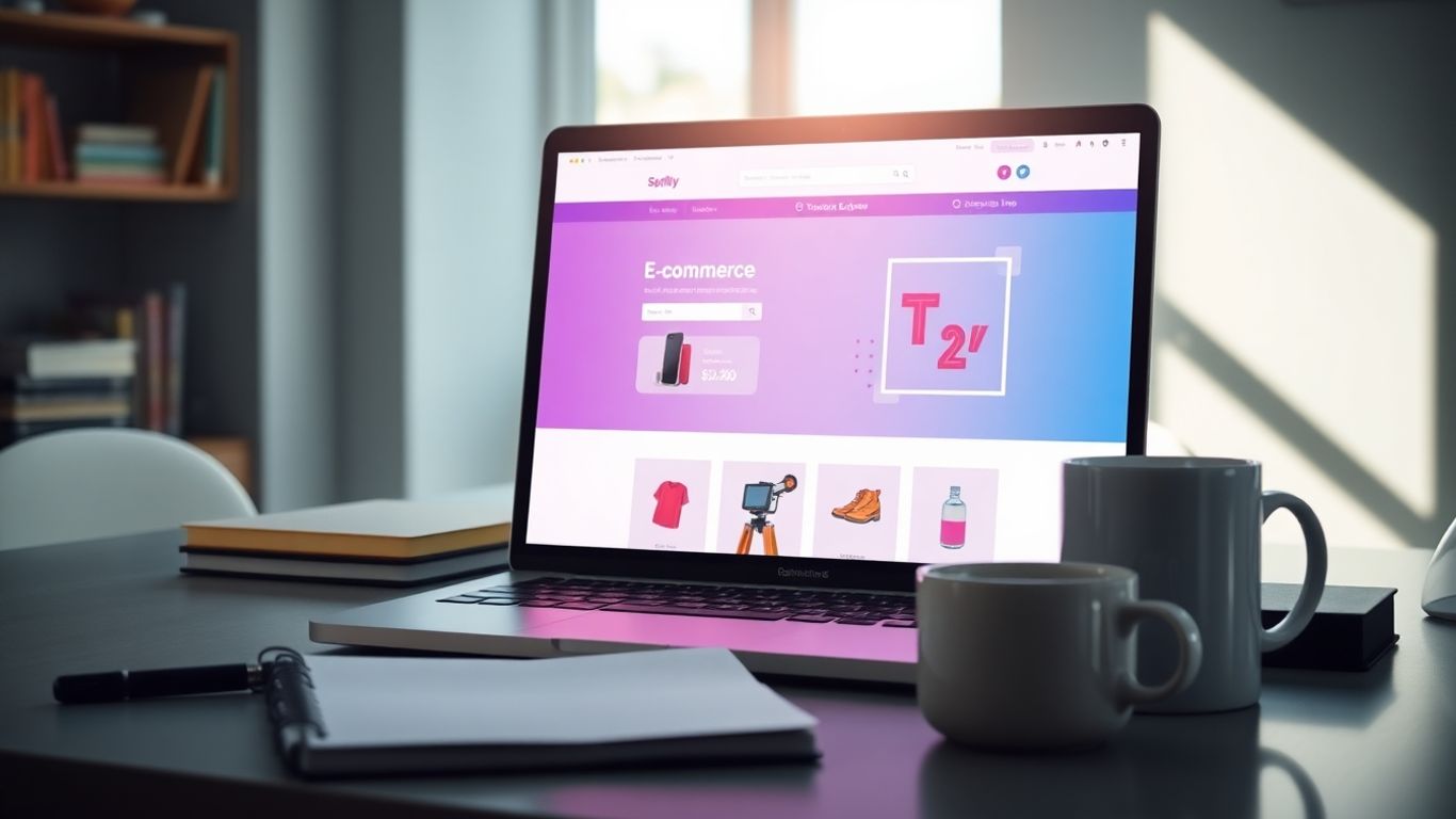 Laptop displaying e-commerce website, success imagery.