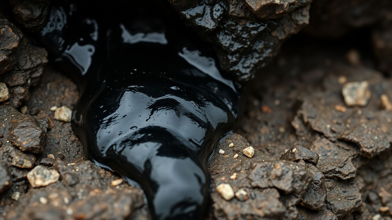 قطرات الشيلاجيت الداكنة تتدفق من صخرة طبيعية