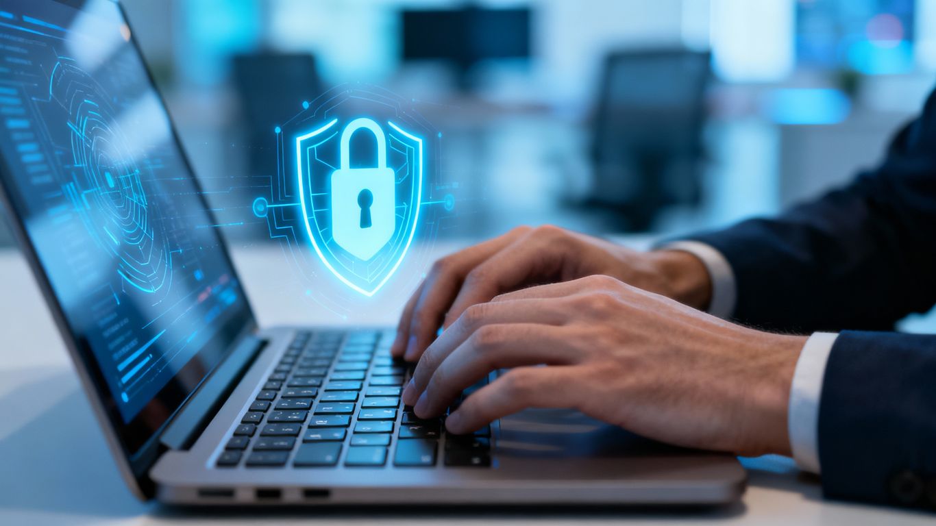 Mãos digitando em um laptop com ícone de segurança.