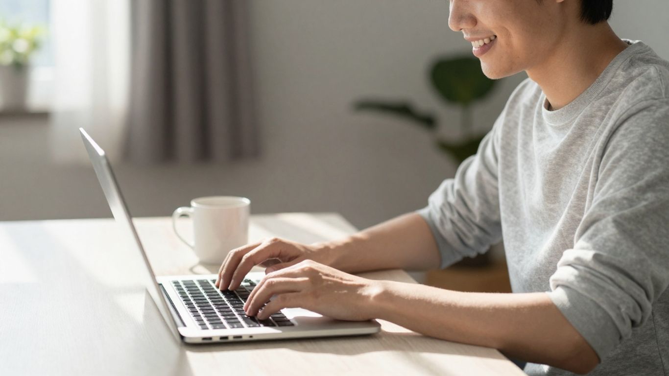 Person working on laptop at home in Australia.