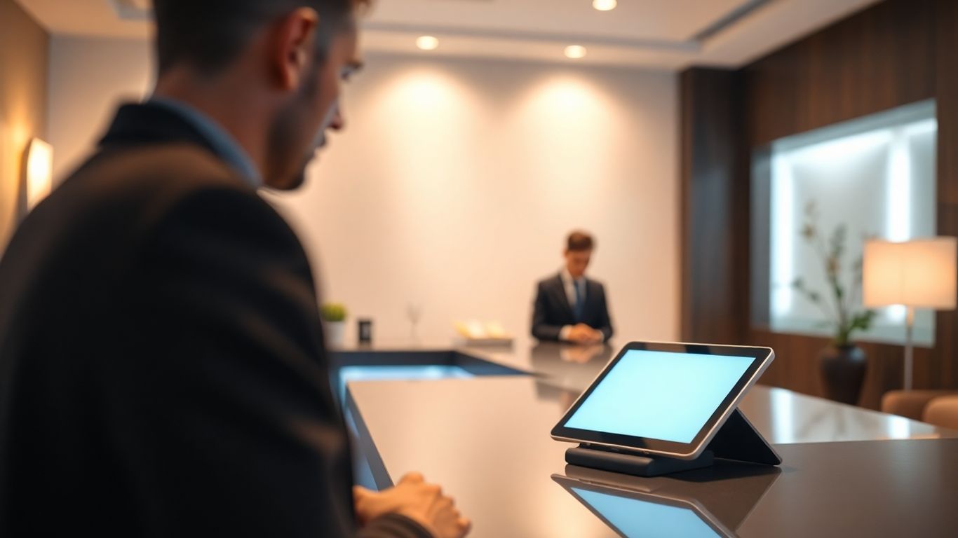 Hotelna recepcija z gostom in tablico.