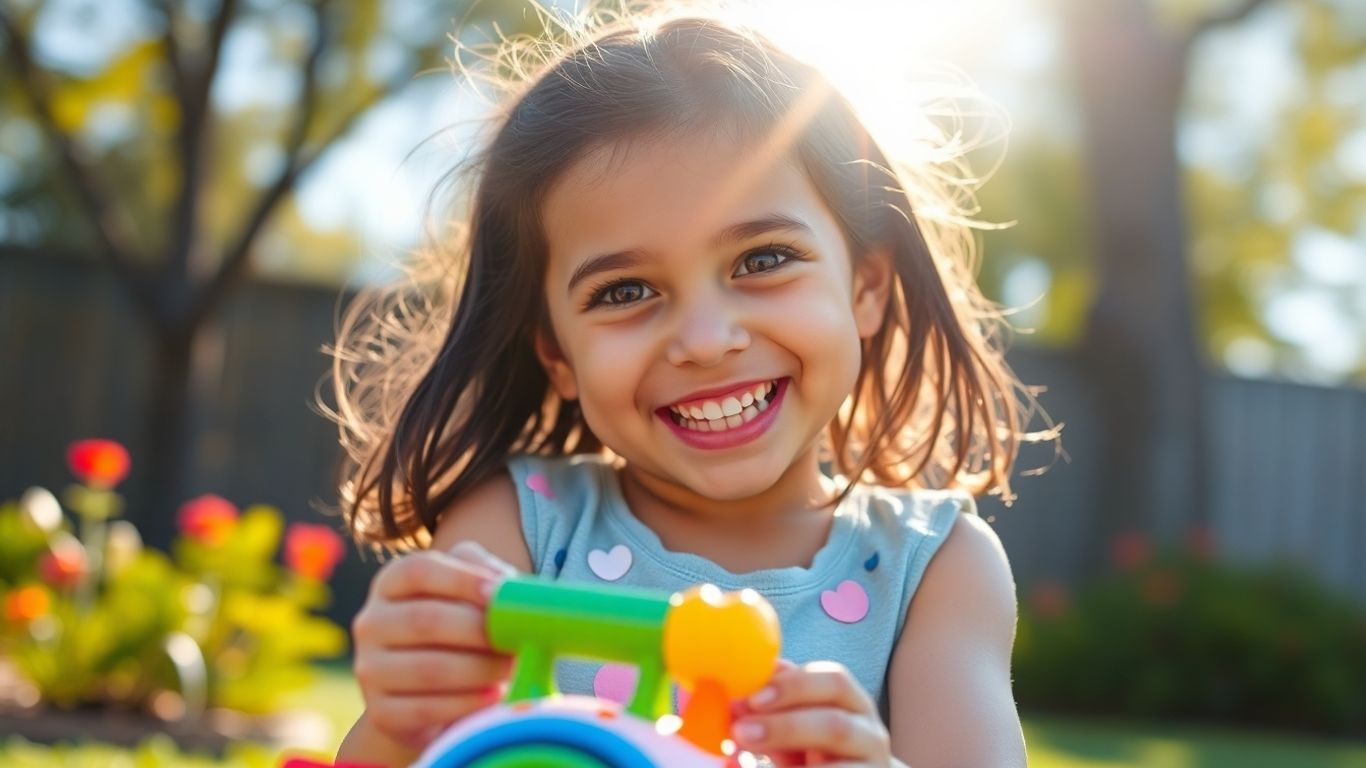 Girl happily playing with a colorful toy outdoors.
