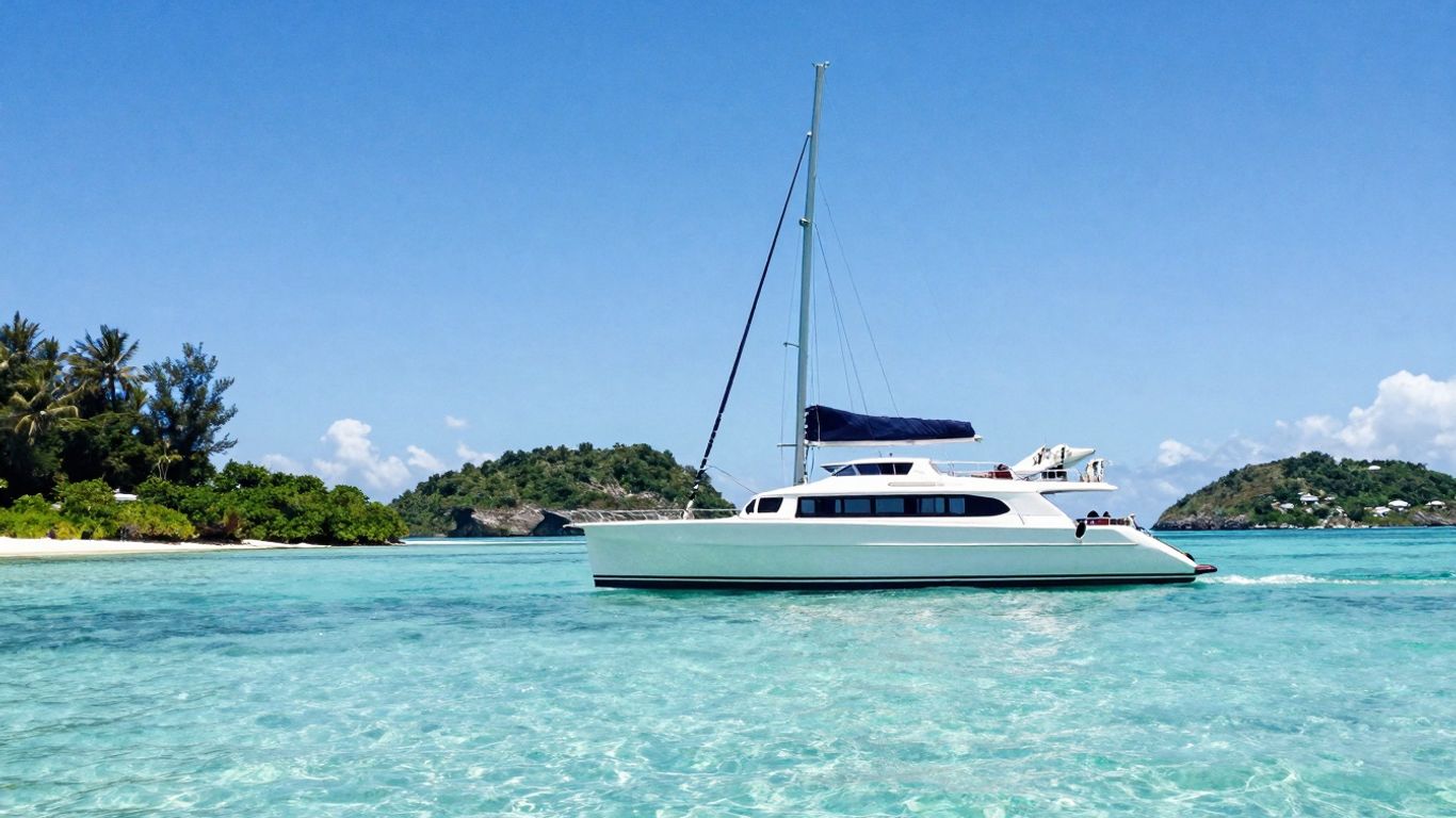 Catamaran sailing in clear turquoise waters near BVI islands.