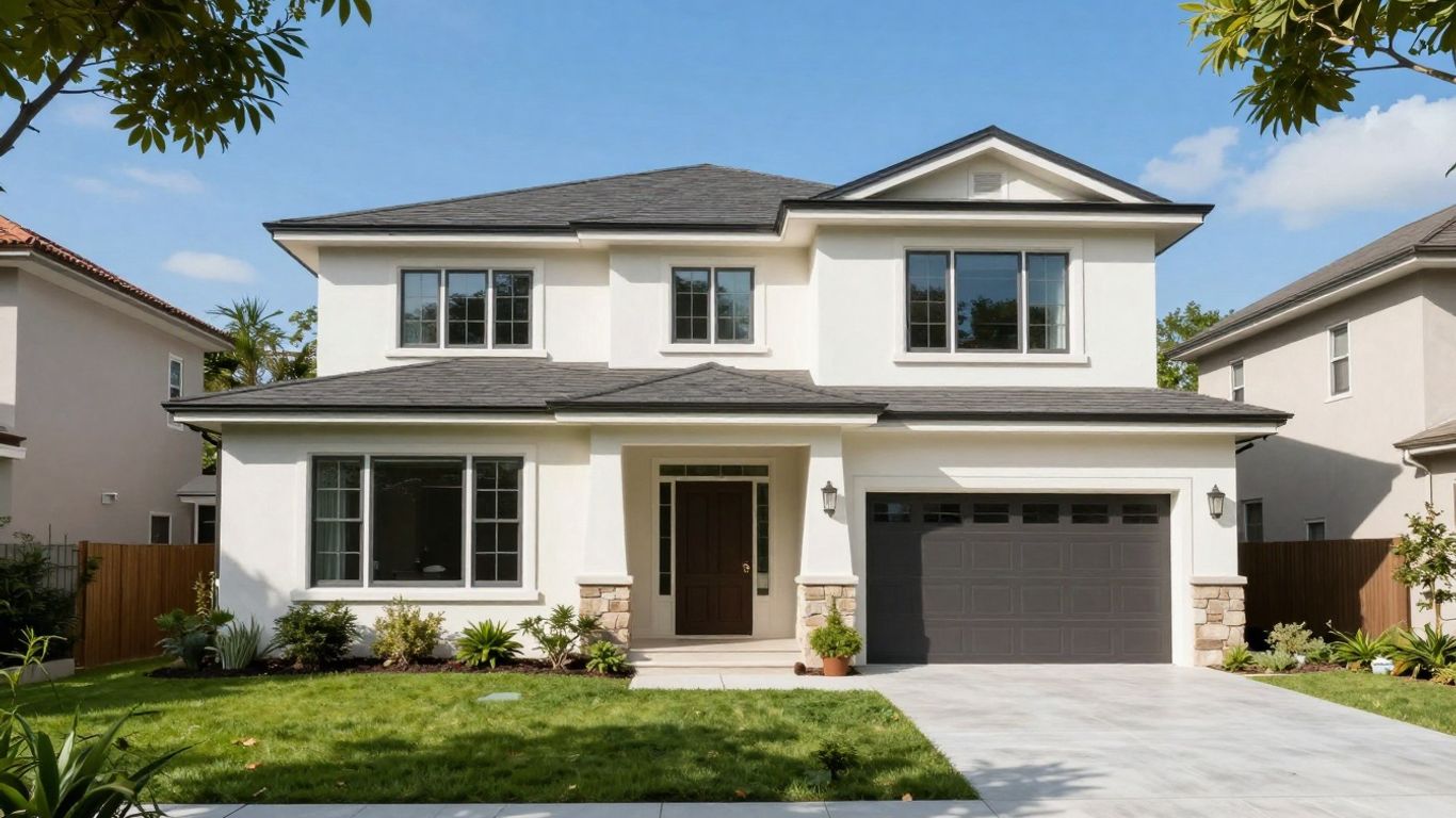 Casa moderna con jardín y cielo azul.