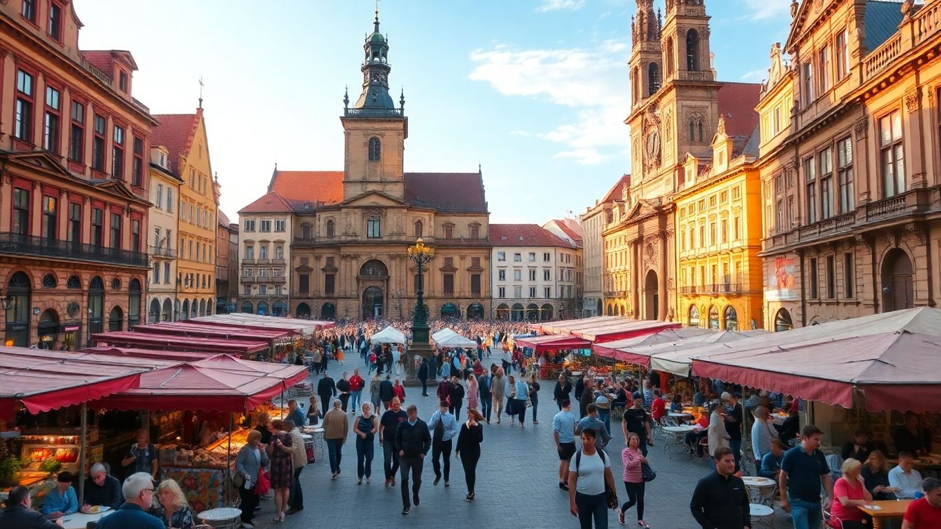 Rynek Główny w Krakowie pełen ludzi i zabytków.