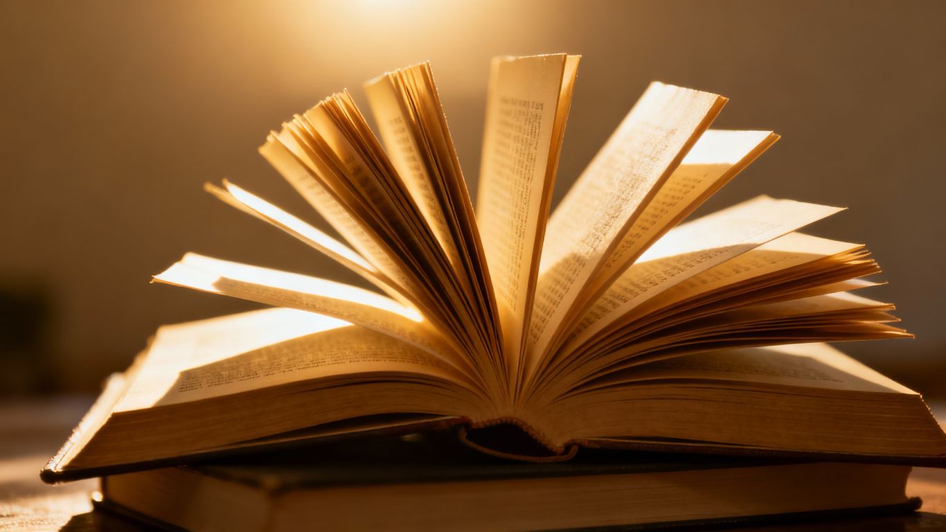 Stack of open books with light illuminating pages.