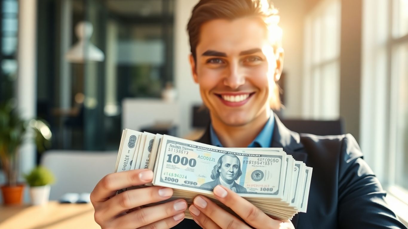 Person holding money, symbolizing financial success.