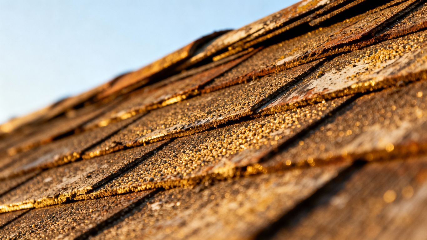 Close-up of a weathered roof with visible shingles.