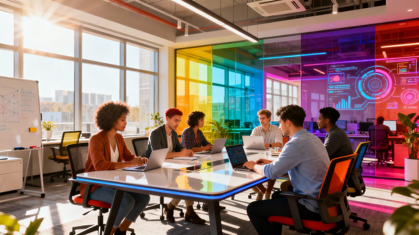 Diverse professionals collaborating in a modern, sunlit office.