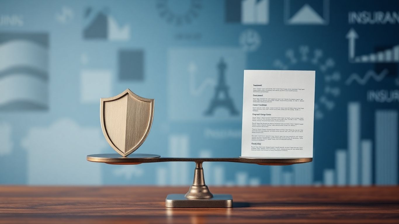 Balanza con escudo y documento, concepto de seguros.
