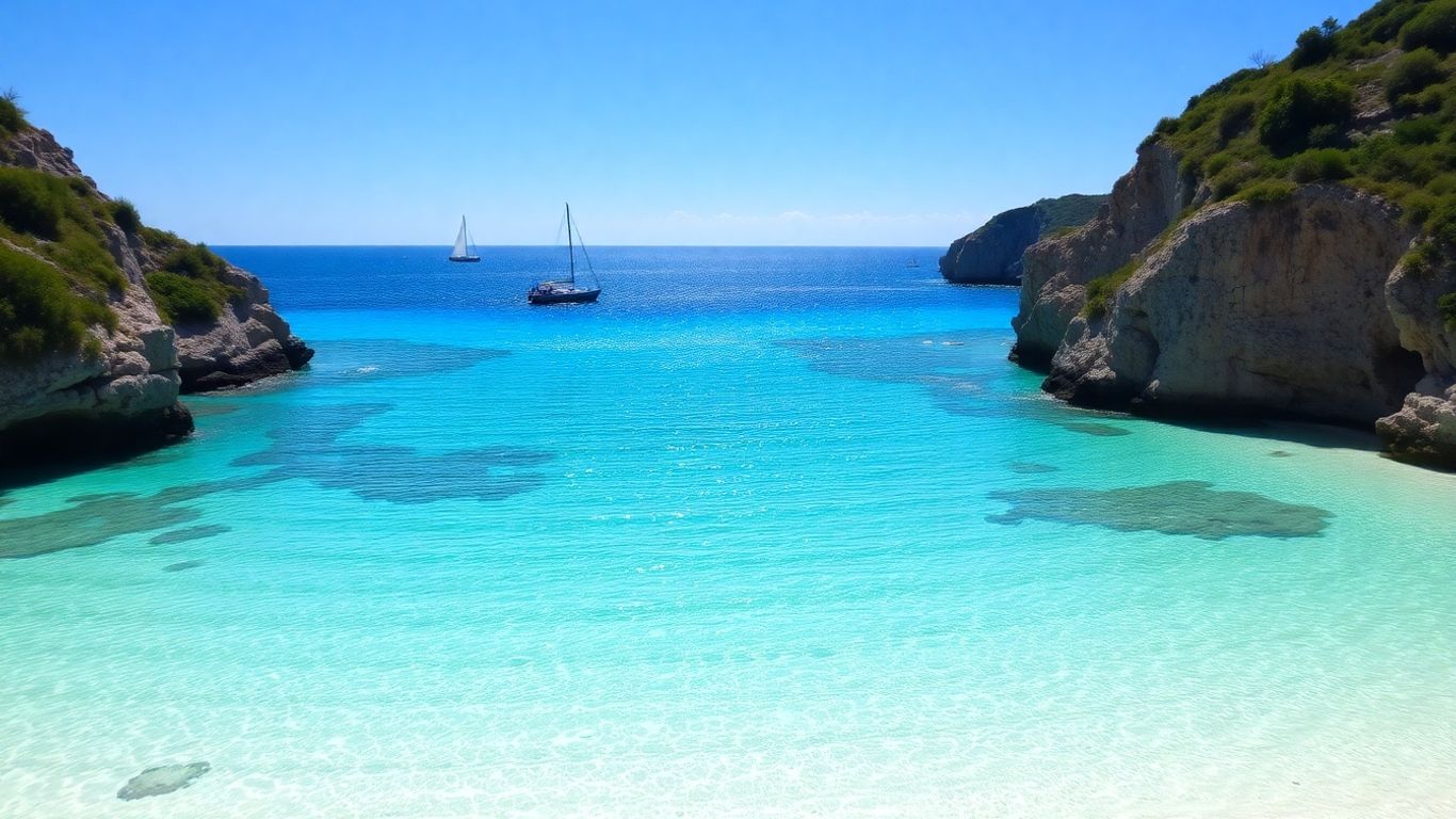 Stunning Greece beach with turquoise water and white sand.