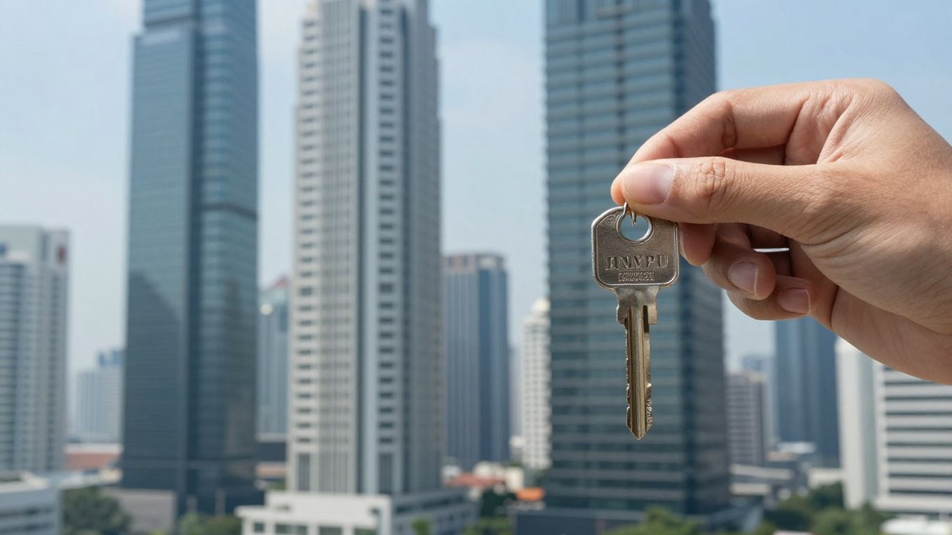 Bangkok skyline with a hand holding a key.