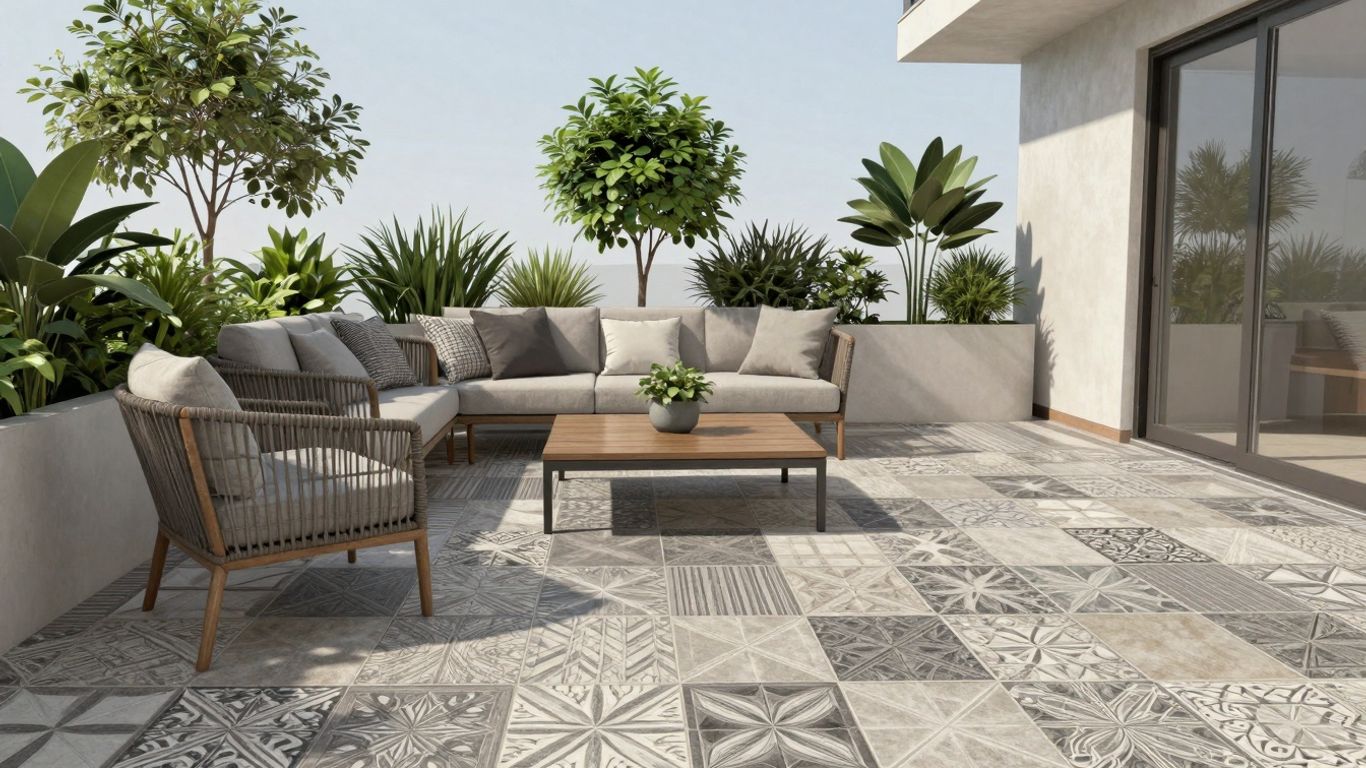 Stylish patio tiles and outdoor seating illustration