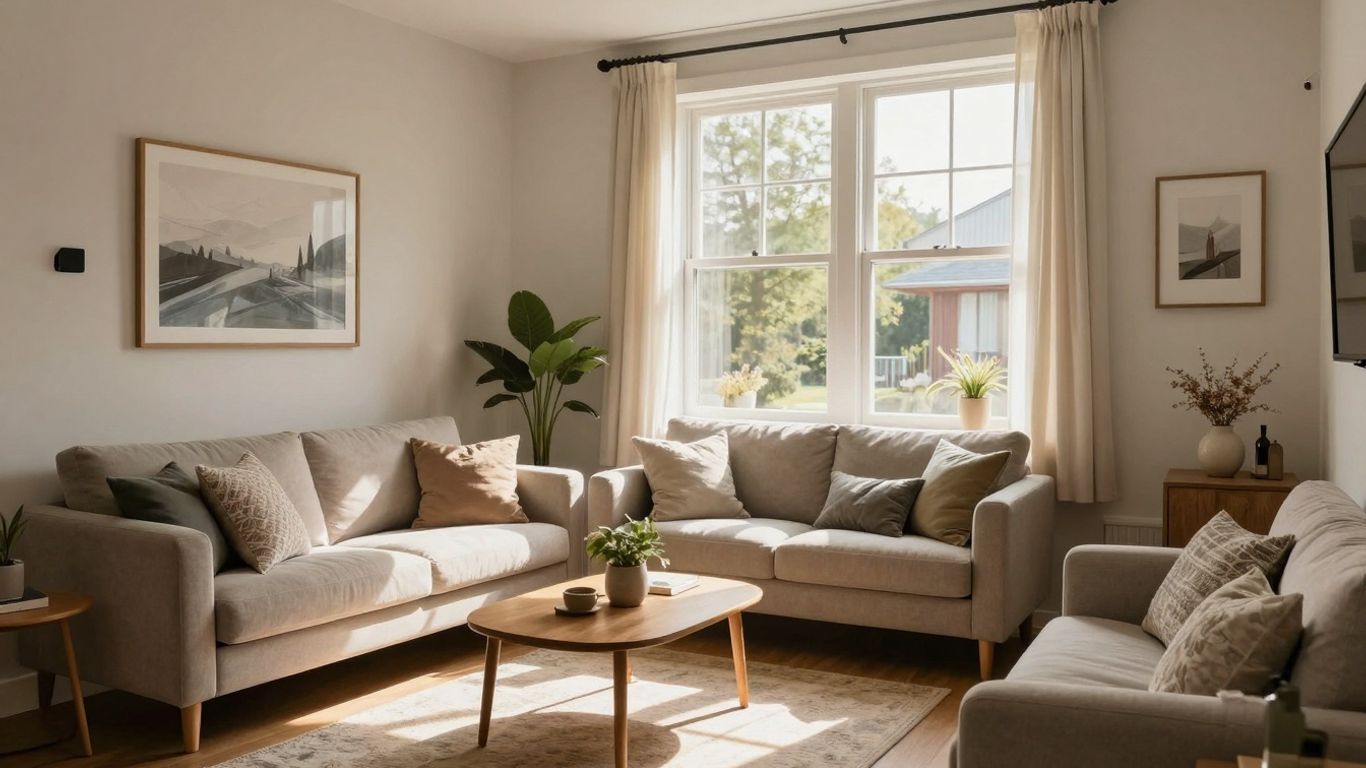 Modern Airbnb interior with natural light and cozy decor.