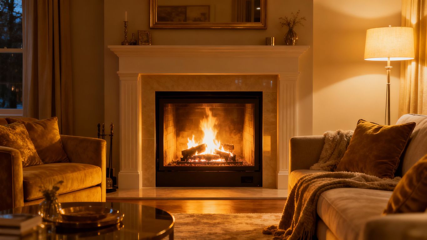 Modern fireplace in a cozy living room setting.