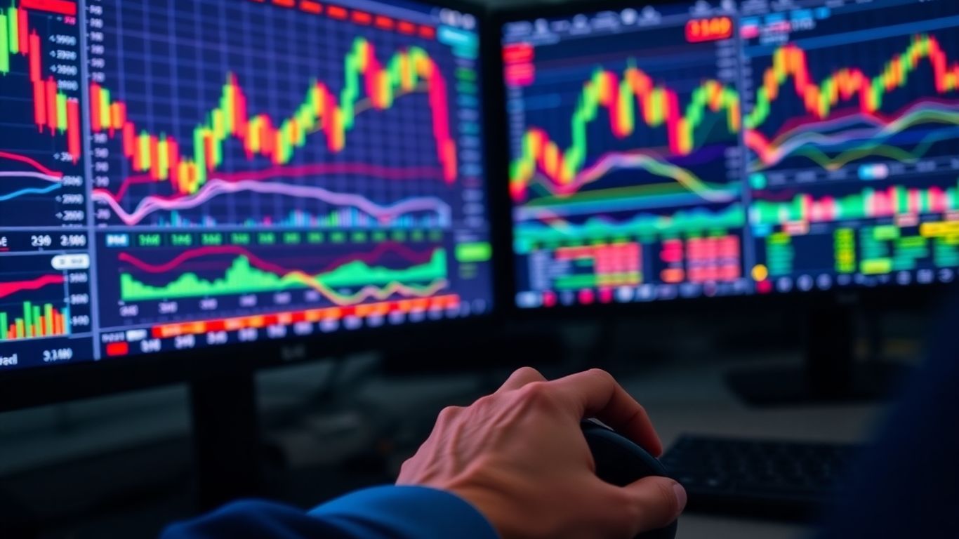 Trader analyzing MACD indicator on trading monitors.