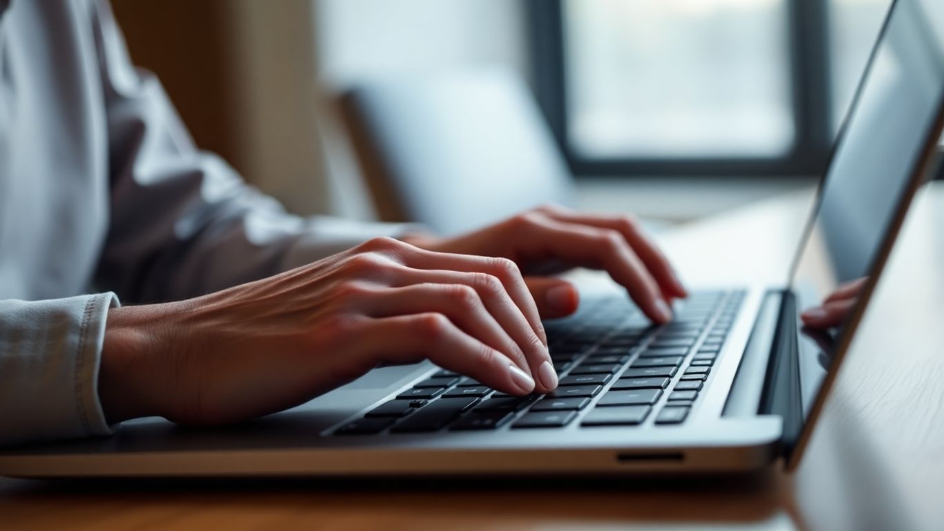 Hands typing on a laptop keyboard, modern technology.