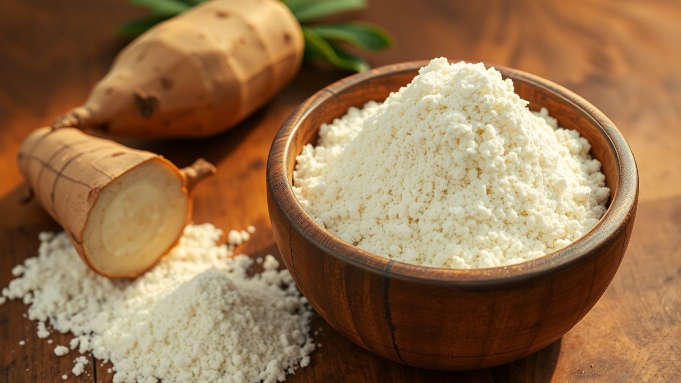 Tigela de madeira com farinha de mandioca e raízes frescas