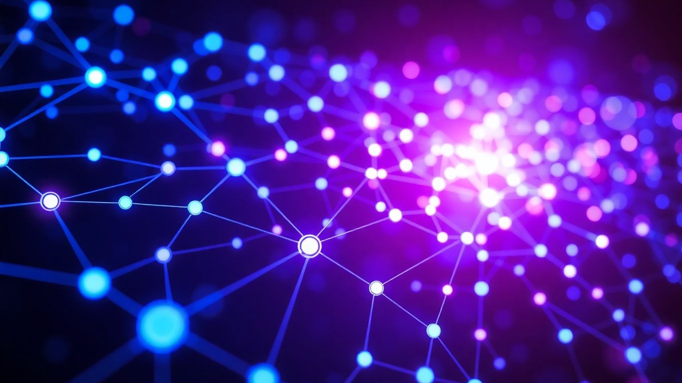 Abstract glowing digital patterns and interconnected nodes.