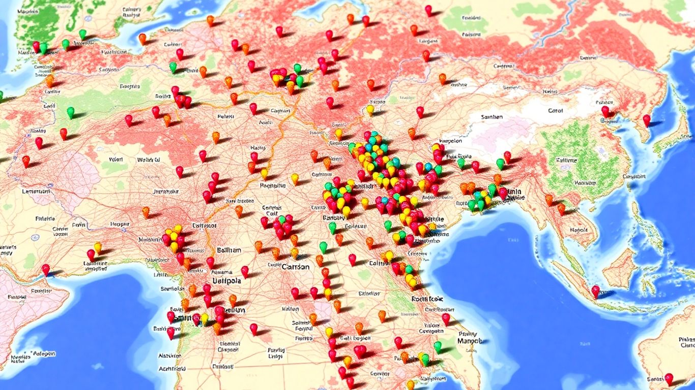 Interactive map with colorful markers and geographical landscape.