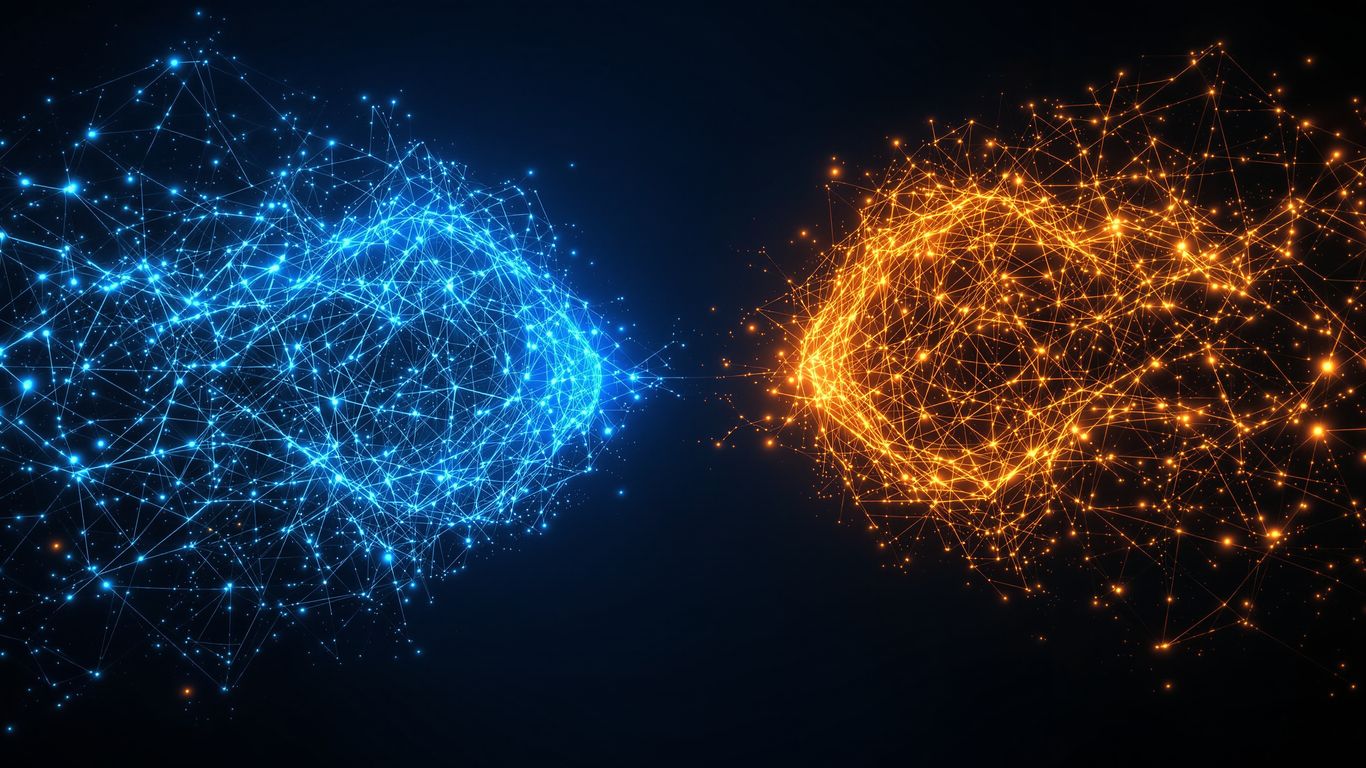 Two glowing neural networks, blue and orange, facing each other.