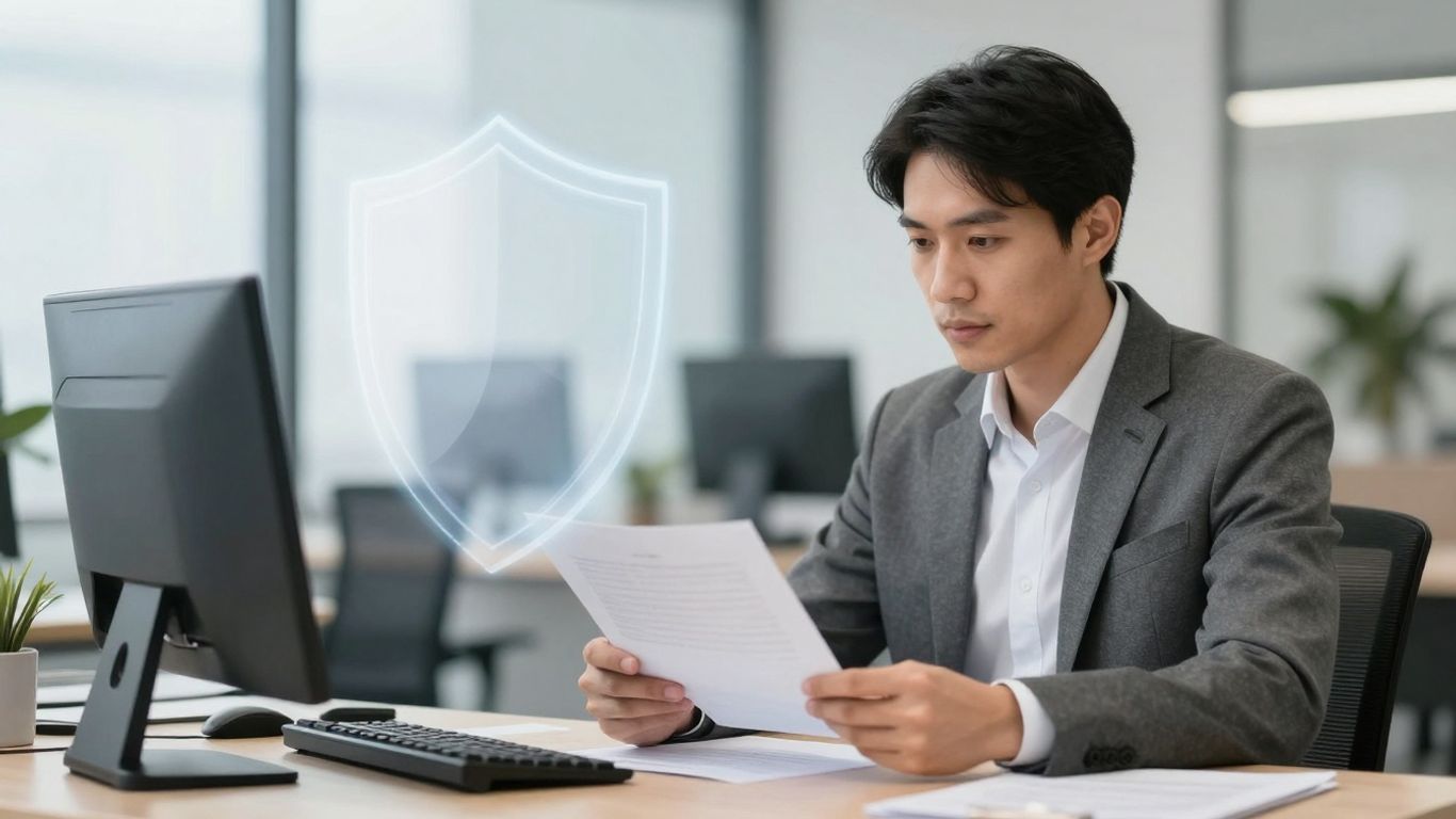 Consultant reviewing documents with a protective shield graphic.