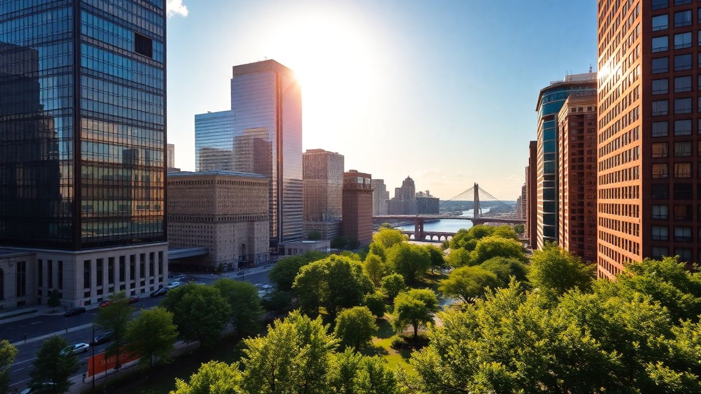 Boston skyline with bridges and skyscrapers.