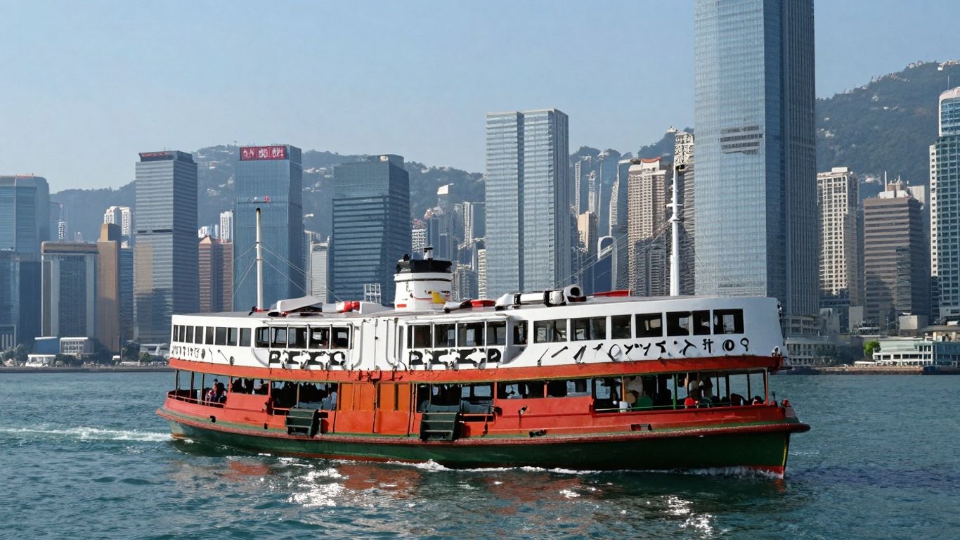 Star Ferry boat sailing across Victoria Harbour with Hong Kong skyline.